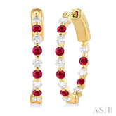 2 MM Round Cut Ruby and 1/2 Ctw Round Cut Diamond Precious Inside-Out Alternating Hoop Earrings in 14K Yellow Gold