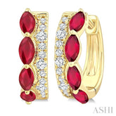 4X2 MM Marquise Shape Ruby and 1/6 Ctw Round Cut Diamond Precious Hoop Earrings in 10K Yellow Gold
