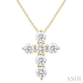2 Ctw Round Cut Diamond Christian Cross 6-Stone Fashion Pendant With Chain in 14K Yellow Gold
