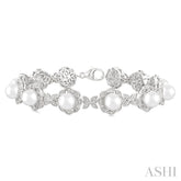 6 MM Cultured Pearl and 1/6 Ctw Round Cut Diamond Bracelet in Sterling Silver