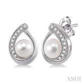 6x6 MM Round Shape Cultured Pearls and 1/10 Ctw Round Cut Diamond Earrings in 14K White Gold