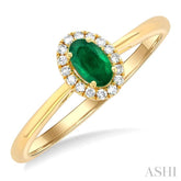 5x3 MM Oval Shape Emerald and 1/20 Ctw Round Cut Diamond Halo Precious Ring in 10K Yellow Gold