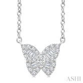 1/5 Ctw Petite Butterfly Baguette and Round Cut Diamond Fashion Pendant With Chain in 10K White Gold