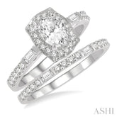 1 Ctw Baguette and Round Cut Diamond Wedding Set With 3/4 Ctw Cushion Shape Oval Cut Engagement Ring and 1/5 Ctw Wedding Band in 14K White Gold