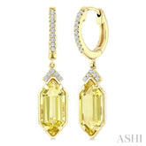 12X5 MM Hexagon Shape Lemon Quartz and 1/6 Ctw Round Cut Diamond Semi-Precious Earrings in 10K Yellow Gold