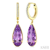 14X6 MM Pear Shape Amethyst and 1/10 Ctw Round Cut Diamond Semi-Precious Earrings in 14K Yellow Gold