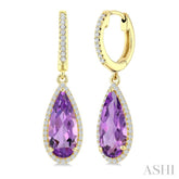 14X6 MM Pear Shape Amethyst and 1/3 Ctw Round Cut Diamond Semi-Precious Earrings in 14K Yellow Gold