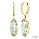 14X6 MM Oval Shape Green Amethyst and 1/10 Ctw Round Cut Diamond Semi-Precious Earrings in 14K Yellow Gold