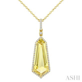 22X9 MM Shield Shape Lemon Quartz and 1/4 Ctw Round Cut Diamond Semi-Precious Pendant With Chain in 14K Yellow Gold