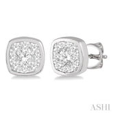 1/3 Ctw Cushion Shape Round Cut Diamond Lovebright Bezel Stud Earring in 14K White Gold