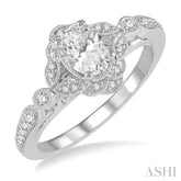 5/8 Ctw Lattice Oval and Round Cut Diamond Ladies Engagement Ring with 3/8 Ct Oval Cut Center Stone in 14K White Gold