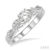 1/3 Ctw Leaf Criss Cross Shank Round Cut Diamond Engagement Ring with 1/4 Ct Round Cut Center Stone in 14K White Gold