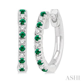 1.35 MM Round Shape Emerald and 1/10 Ctw Petite Round Cut Diamond Precious Fashion Huggies in 10K White Gold