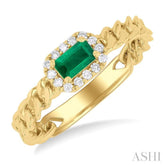 5x3 MM Oval Cut Emerald and 1/10 Ctw Curb & Cuban Link East-West Round Cut Diamond Halo Precious Ring in 10K Yellow Gold