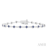 1 MM Round Shape Sapphire and 1/2 Ctw Clover Leaf & Bar Link Round Cut Diamond Precious Bracelet in 14K White Gold