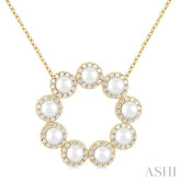 3 MM Round Shape Cultured Pearl and 1/3 Ctw Round Cut Diamond Circle Halo Pendant With Chain in 14K Yellow Gold