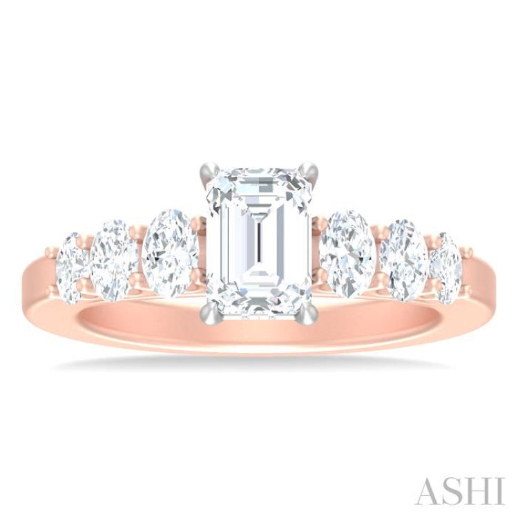 1 Ctw Emerald Shape Oval and Round Cut Diamond Semi Mount Engagement Ring in 14K Rose and White Gold