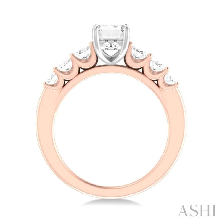 1 Ctw Emerald Shape Oval and Round Cut Diamond Semi Mount Engagement Ring in 14K Rose and White Gold
