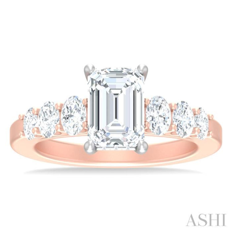 1 Ctw Emerald Shape Oval and Round Cut Diamond Semi Mount Engagement Ring in 14K Rose and White Gold
