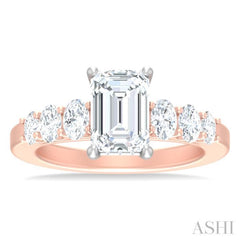 1 Ctw Emerald Shape Oval and Round Cut Diamond Semi Mount Engagement Ring in 14K Rose and White Gold