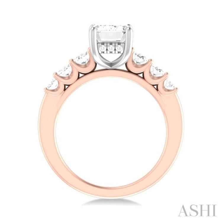 1 Ctw Emerald Shape Oval and Round Cut Diamond Semi Mount Engagement Ring in 14K Rose and White Gold