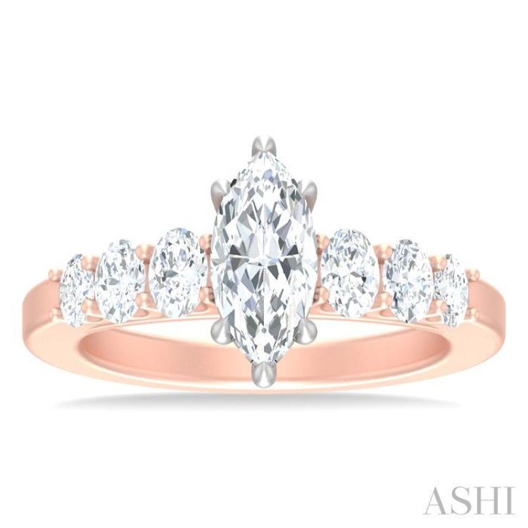 1 Ctw Marquise Shape Oval and Round Cut Diamond Semi Mount Engagement Ring in 14K Rose and White Gold