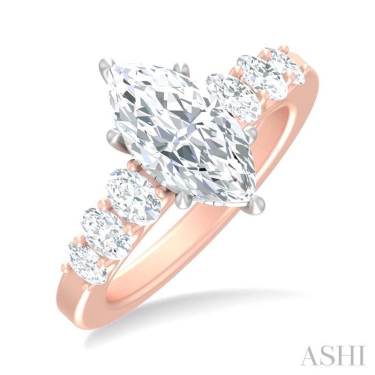 1 Ctw Marquise Shape Oval and Round Cut Diamond Semi Mount Engagement Ring in 14K Rose and White Gold