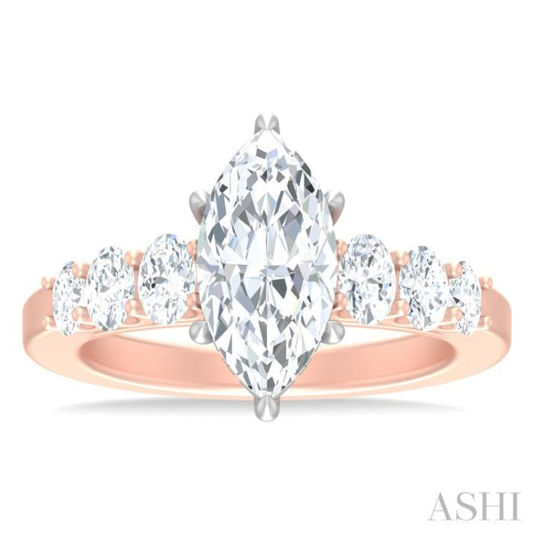 1 Ctw Marquise Shape Oval and Round Cut Diamond Semi Mount Engagement Ring in 14K Rose and White Gold