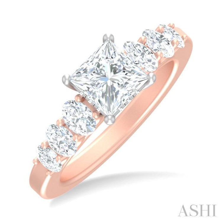 1 Ctw Princess Shape Oval and Round Cut Diamond Semi Mount Engagement Ring in 14K Rose and White Gold