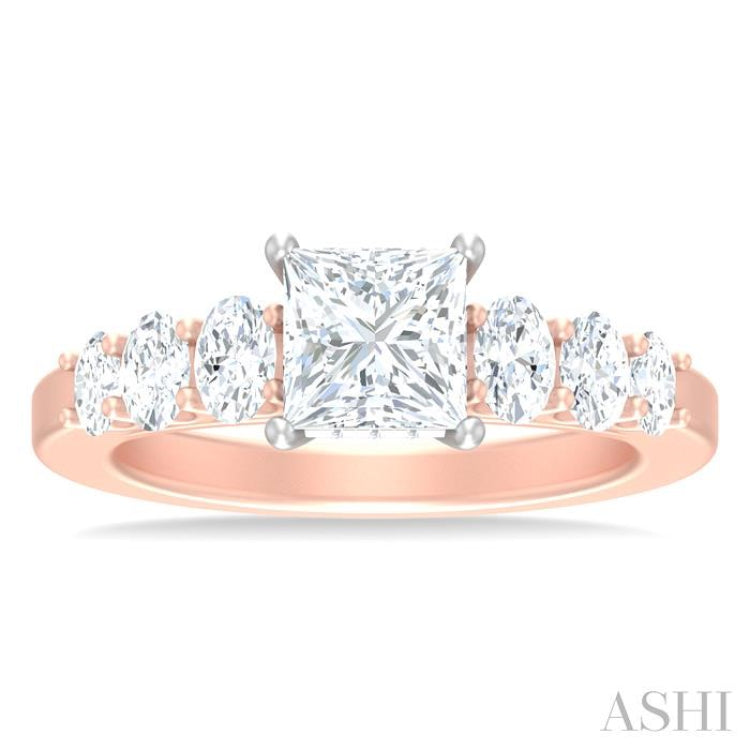 1 Ctw Princess Shape Oval and Round Cut Diamond Semi Mount Engagement Ring in 14K Rose and White Gold
