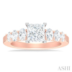 1 Ctw Princess Shape Oval and Round Cut Diamond Semi Mount Engagement Ring in 14K Rose and White Gold