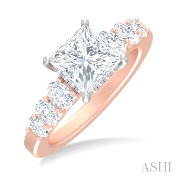 1 Ctw Princess Shape Oval and Round Cut Diamond Semi Mount Engagement Ring in 14K Rose and White Gold