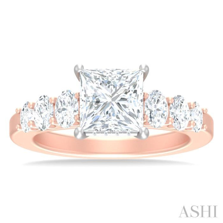 1 Ctw Princess Shape Oval and Round Cut Diamond Semi Mount Engagement Ring in 14K Rose and White Gold