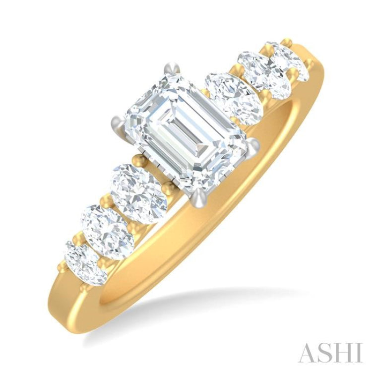 1 Ctw Emerald Shape Oval and Round Cut Diamond Semi Mount Engagement Ring in 14K Yellow and White Gold
