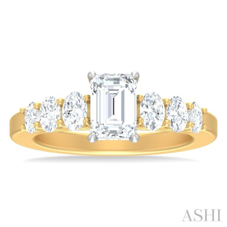 1 Ctw Emerald Shape Oval and Round Cut Diamond Semi Mount Engagement Ring in 14K Yellow and White Gold