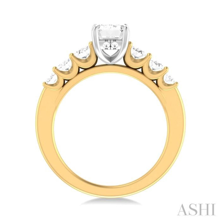 1 Ctw Emerald Shape Oval and Round Cut Diamond Semi Mount Engagement Ring in 14K Yellow and White Gold