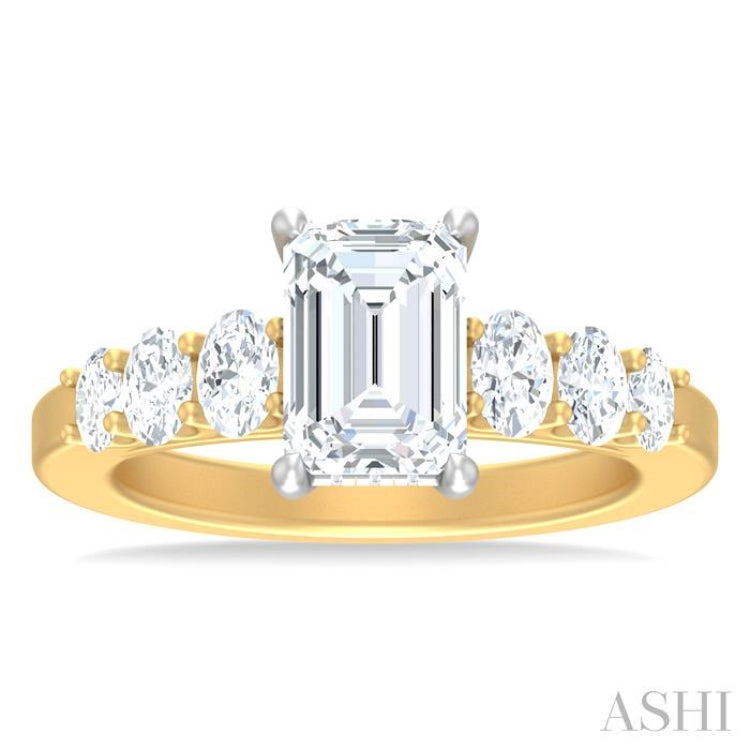 1 Ctw Emerald Shape Oval and Round Cut Diamond Semi Mount Engagement Ring in 14K Yellow and White Gold