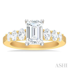 1 Ctw Emerald Shape Oval and Round Cut Diamond Semi Mount Engagement Ring in 14K Yellow and White Gold