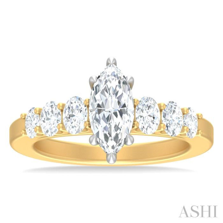1 Ctw Marquise Shape Oval and Round Cut Diamond Semi Mount Engagement Ring in 14K Yellow and White Gold