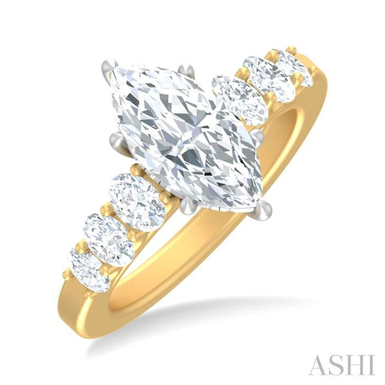 1 Ctw Marquise Shape Oval and Round Cut Diamond Semi Mount Engagement Ring in 14K Yellow and White Gold