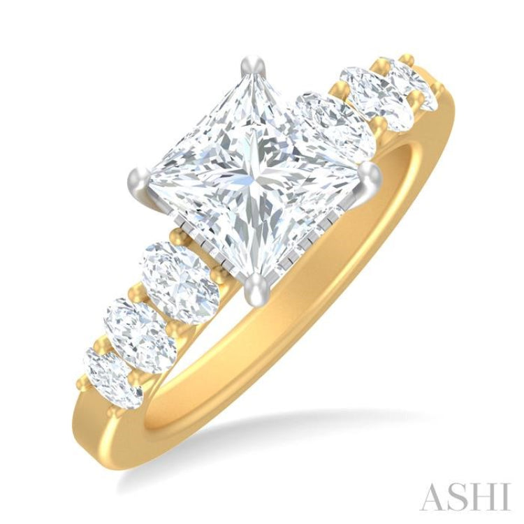 1 Ctw Princess Shape Oval and Round Cut Diamond Semi Mount Engagement Ring in 14K Yellow and White Gold