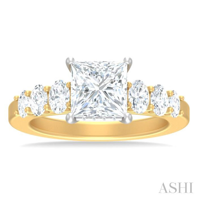 1 Ctw Princess Shape Oval and Round Cut Diamond Semi Mount Engagement Ring in 14K Yellow and White Gold