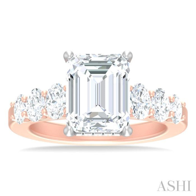 1 1/4 Ctw Emerald Shape Oval and Round Cut Diamond Semi Mount Engagement Ring in 14K Rose and White Gold