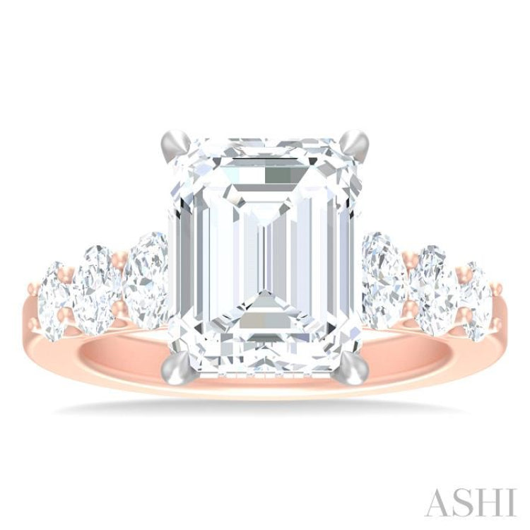 1 1/4 Ctw Emerald Shape Oval and Round Cut Diamond Semi Mount Engagement Ring in 14K Rose and White Gold