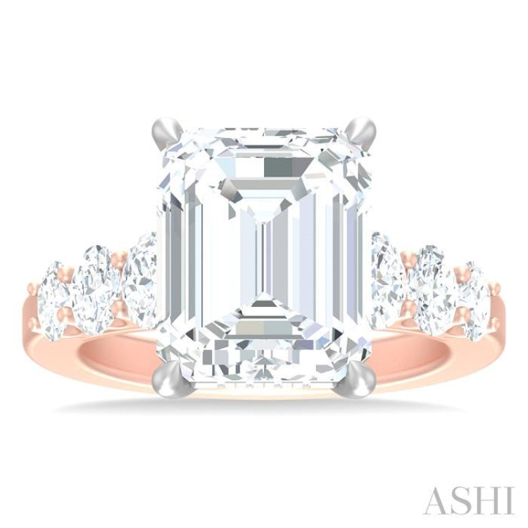 1 1/4 Ctw Emerald Shape Oval and Round Cut Diamond Semi Mount Engagement Ring in 14K Rose and White Gold