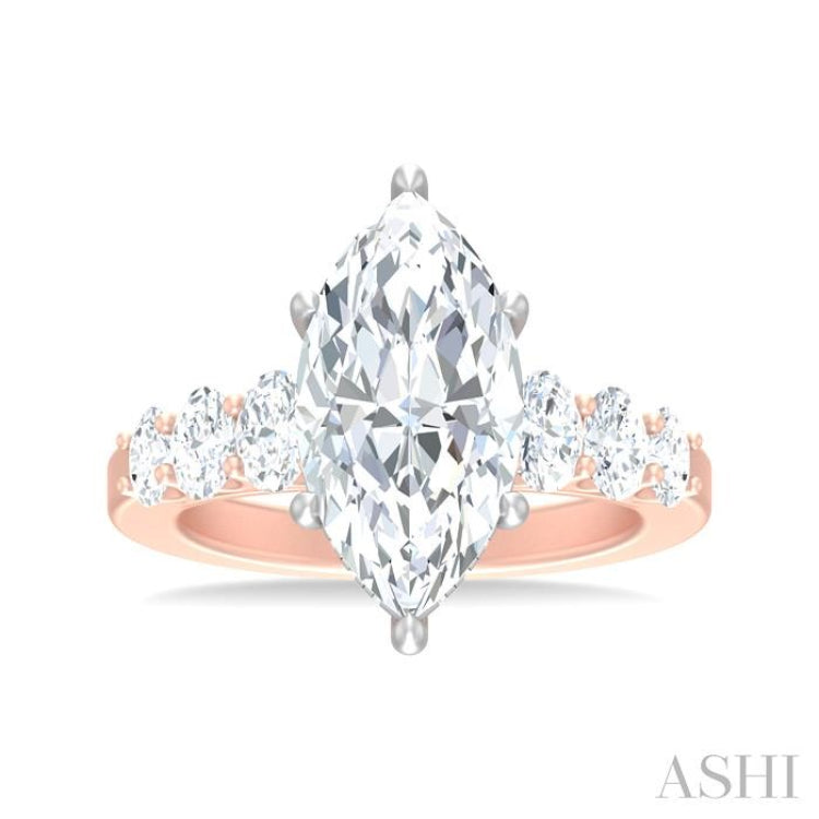 1 1/4 Ctw Marquise Shape Oval and Round Cut Diamond Semi Mount Engagement Ring in 14K Rose and White Gold