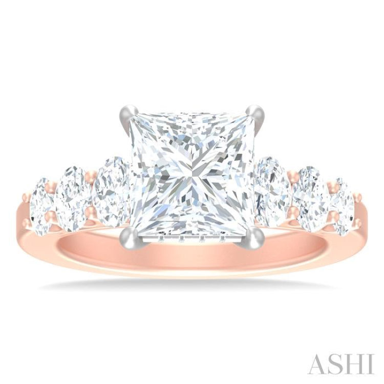 1 1/4 Ctw Princess Shape Oval and Round Cut Diamond Semi Mount Engagement Ring in 14K Rose and White Gold