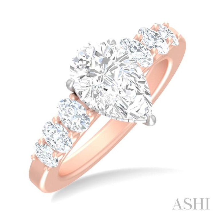 1 Ctw Pear Shape Oval and Round Cut Diamond Semi Mount Engagement Ring in 14K Rose and White Gold