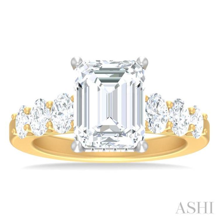 1 1/4 Ctw Emerald Shape Oval and Round Cut Diamond Semi Mount Engagement Ring in 14K Yellow and White Gold