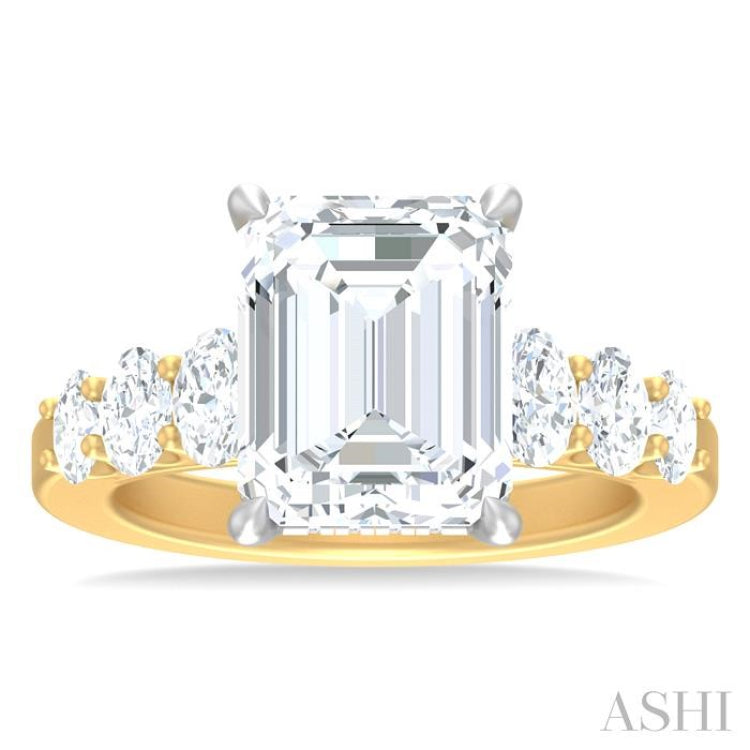 1 1/4 Ctw Emerald Shape Oval and Round Cut Diamond Semi Mount Engagement Ring in 14K Yellow and White Gold